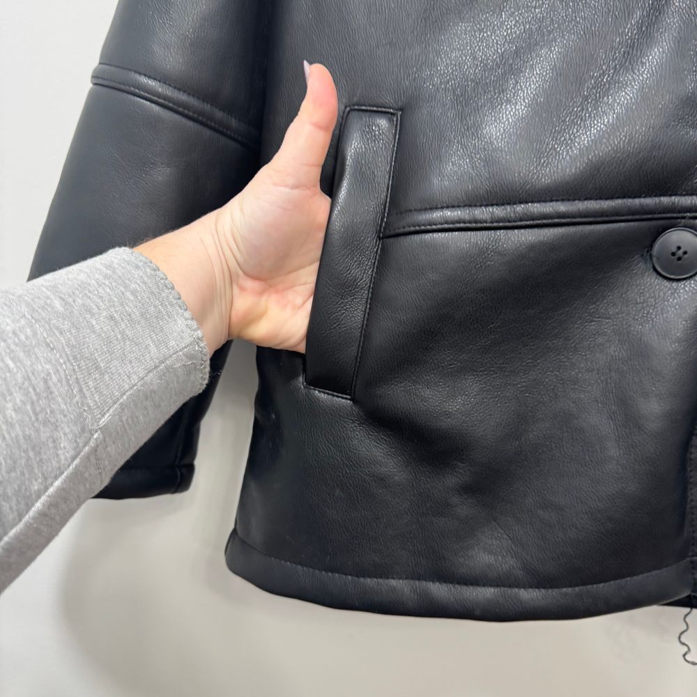 We The Free Black Faux Leather Shearling Jacket with Cream Trim - Picture 4 of 12